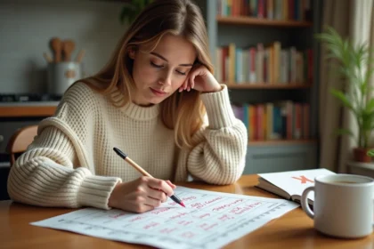 Femme écrivant une liste de villes en X sur une feuille de papier avec un atlas ouvert posé sur une table en bois