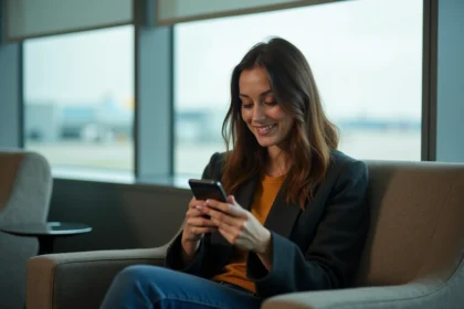 Femme souriante vérifiant ses points de fidélité à l'aéroport