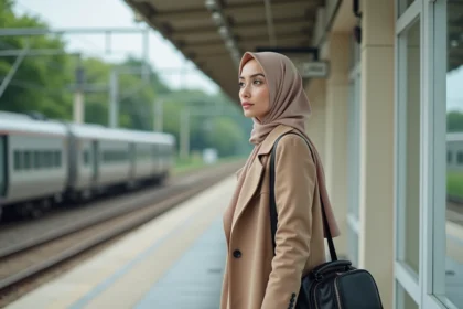 Jeune femme musulmane en hijab beige sur une plateforme de train