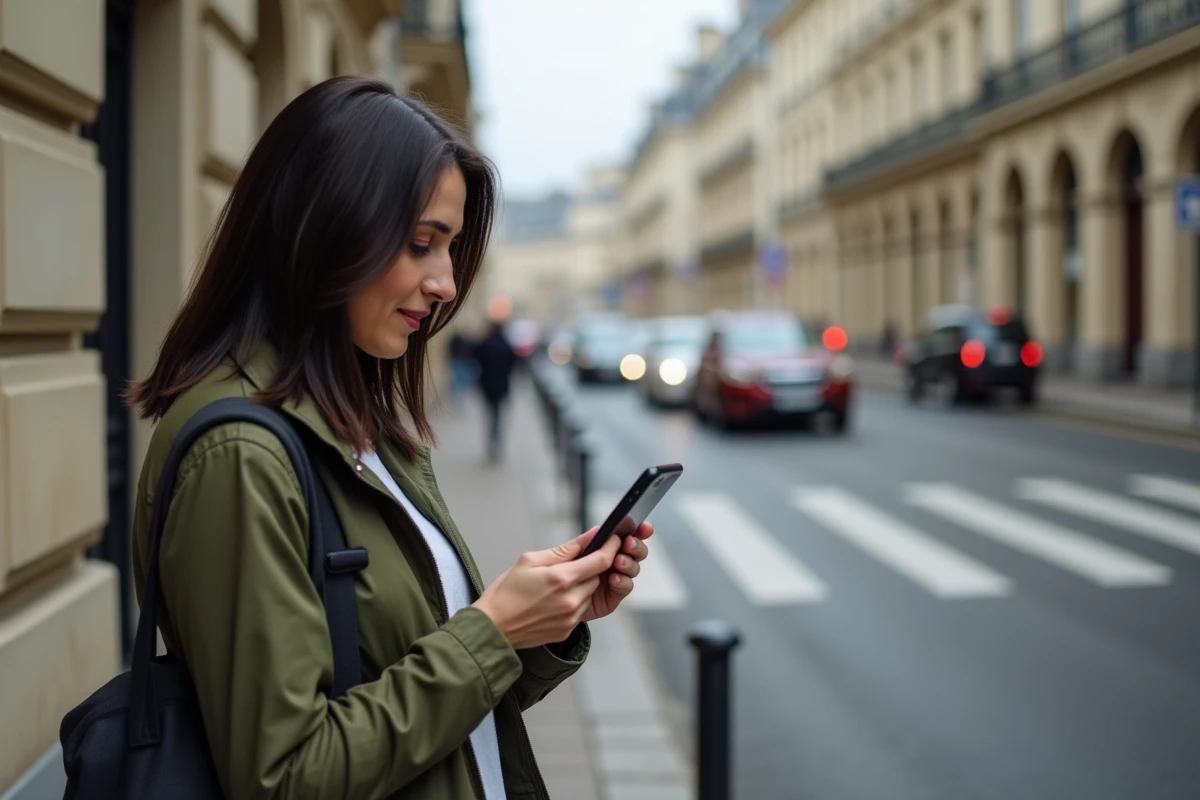 Femme utilisant l'application Mappy sur smartphone pour naviguer dans une rue urbaine