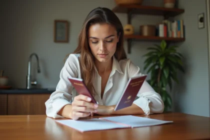 Femme vérifiant son passeport français à la maison