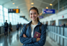 Pays le plus sûr au monde : top destinations pour voyager en sécurité Jeune femme souriante avec passeport à l'aéroport