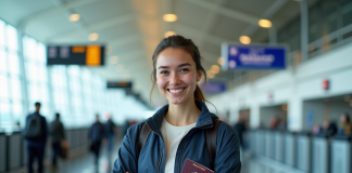 Pays le plus sûr au monde : top destinations pour voyager en sécurité Jeune femme souriante avec passeport à l'aéroport
