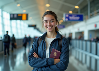 Pays le plus sûr au monde : top destinations pour voyager en sécurité Jeune femme souriante avec passeport à l'aéroport