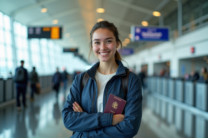 Jeune femme souriante avec passeport à l'aéroport