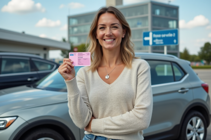 Femme souriante tenant son permis de conduire français à l'extérieur