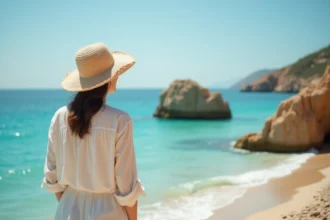 Femme en linen et chapeau sur la plage de Bonifacio