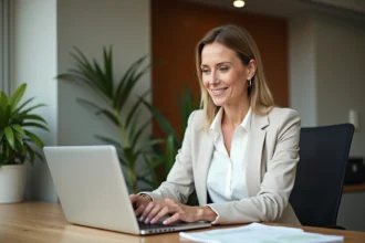 Femme professionnelle souriante rédigeant un mail de bonne vacance sur son ordinateur portable au bureau