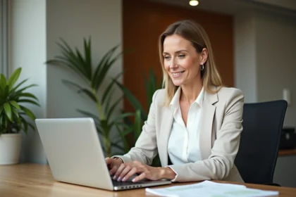 Femme professionnelle souriante rédigeant un mail de bonne vacance sur son ordinateur portable au bureau