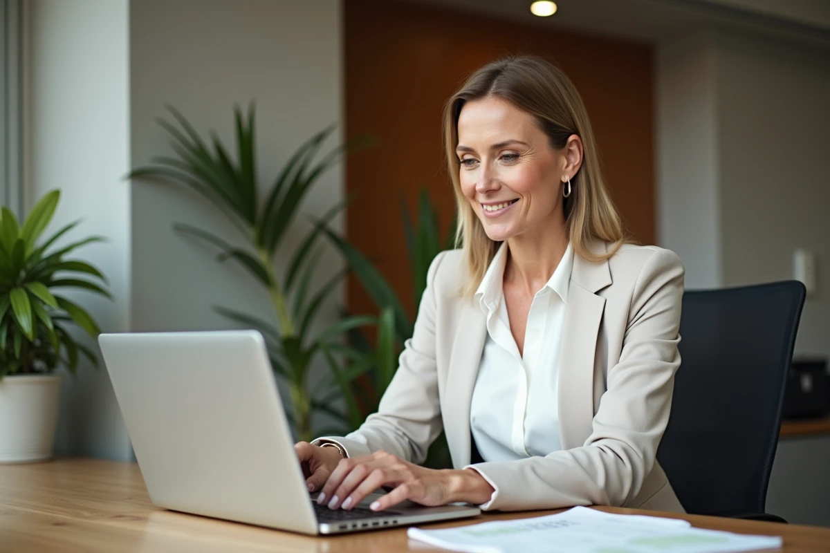 Femme professionnelle souriante rédigeant un mail de bonne vacance sur son ordinateur portable au bureau
