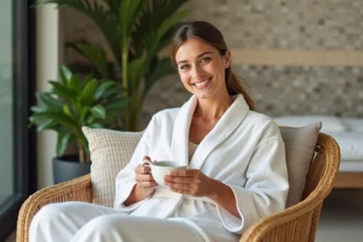 Femme souriante dans un spa relaxant en robe blanche
