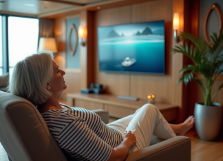 Femme détendue regardant un documentaire à bord d'une croisière