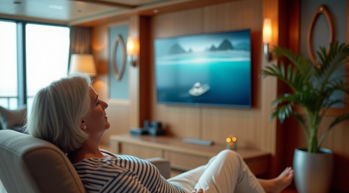 Femme détendue regardant un documentaire à bord d'une croisière