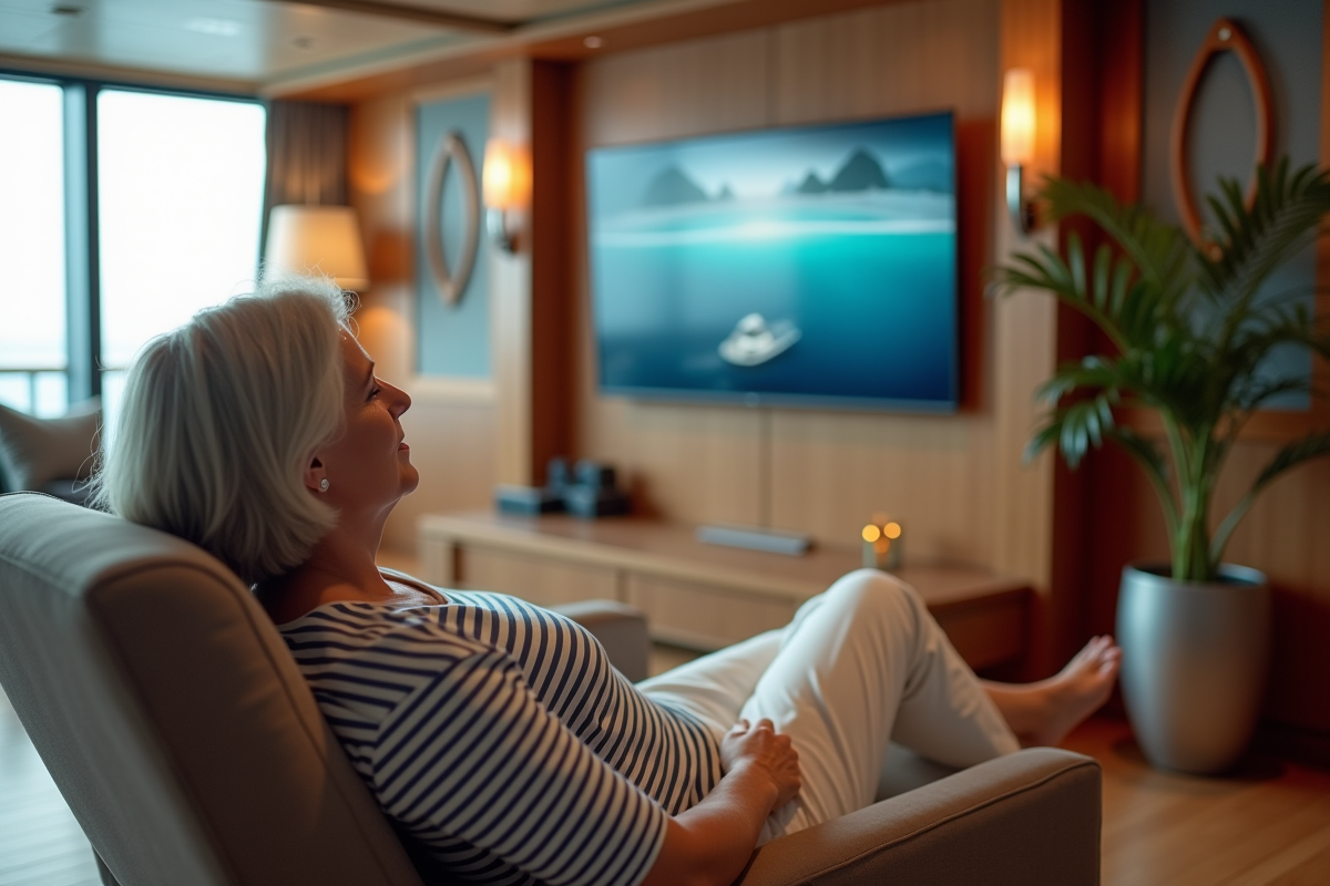 Femme détendue regardant un documentaire à bord d'une croisière