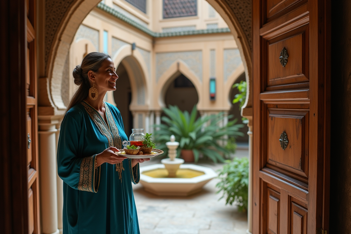 Femme marocaine en caftan devant un jardin intérieur de riad