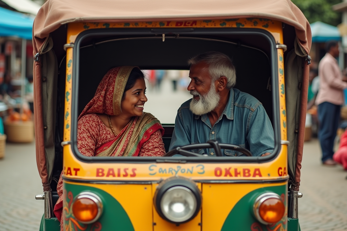 Femme indienne en sari parlant avec le conducteur dans le poussepousse