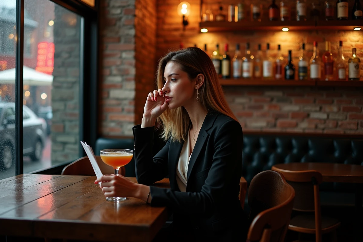 Femme seule sirotant un cocktail dans un bar cosy de SoHo