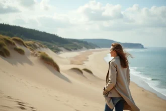 Femme seule au sommet de la Dune du Pilat en hors saison contemplant l'océan Atlantique et la forêt des Landes