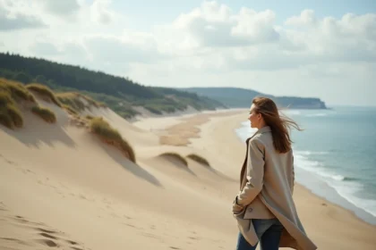 Femme seule au sommet de la Dune du Pilat en hors saison contemplant l'océan Atlantique et la forêt des Landes