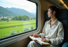 Jeune femme dans un train japonais regardant la campagne