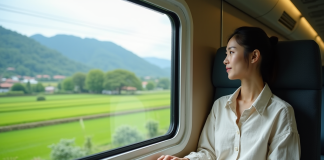 Voyager au Japon autrement : alternatives au vol pour un voyage mémorable Jeune femme dans un train japonais regardant la campagne