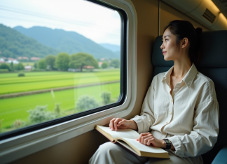 Jeune femme dans un train japonais regardant la campagne