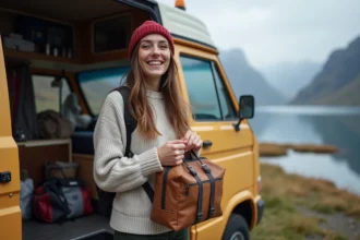 Jeune femme avec van et équipement de randonnée en Norvege