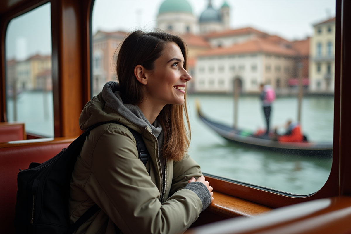 Jeune femme regardant par la fenêtre du vaporetto à Venise
