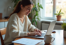 Femme au domicile remplissant une demande de visa pour l'Australie