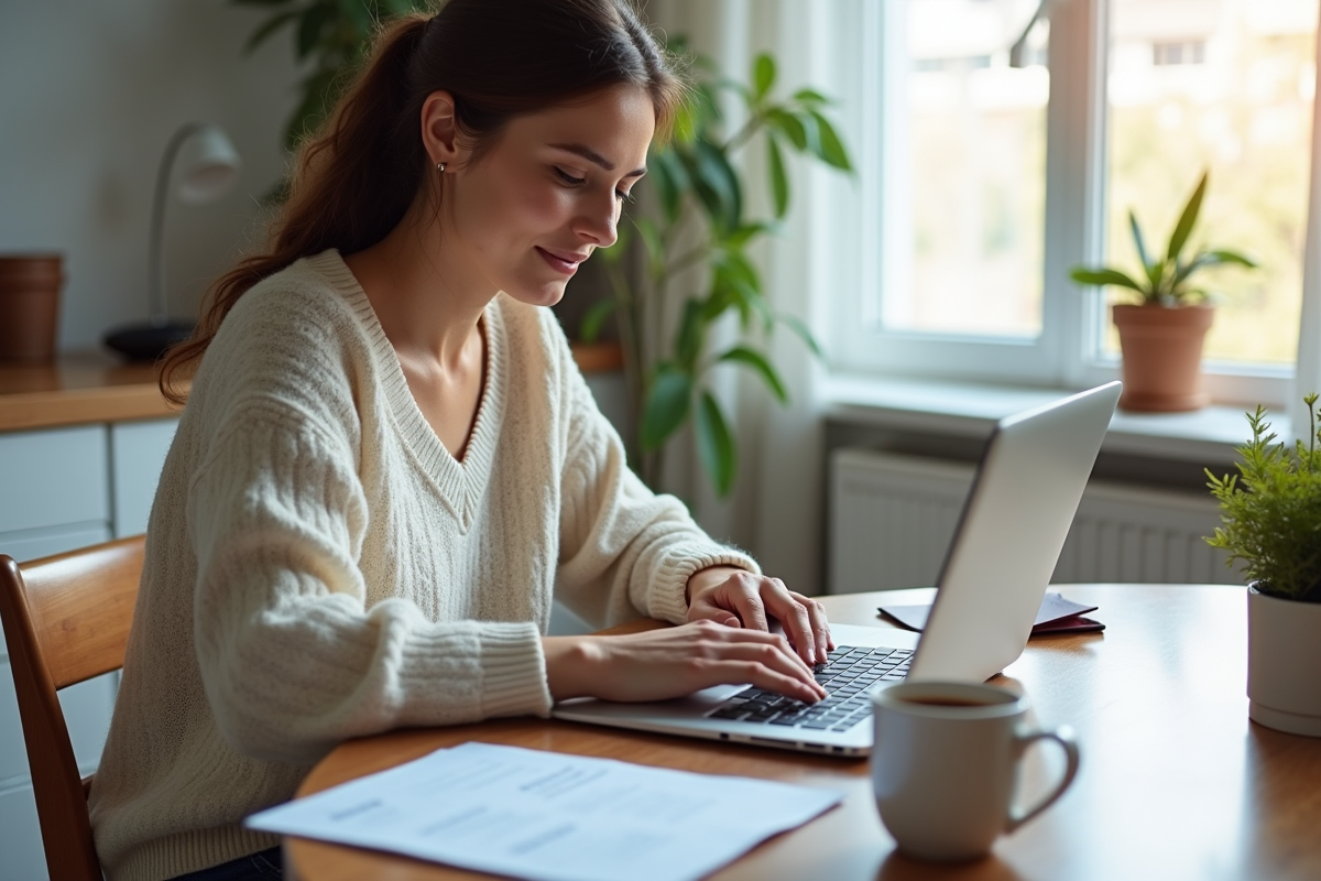 Femme au domicile remplissant une demande de visa pour l'Australie