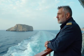 Capitaine de ferry grec sur le pont d'un bateau traversant la mer Égée en direction de l'île de Kythira