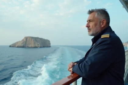 Capitaine de ferry grec sur le pont d'un bateau traversant la mer Égée en direction de l'île de Kythira