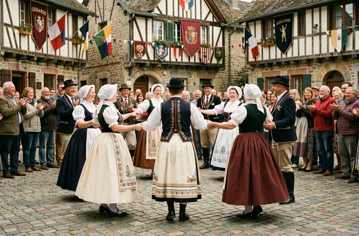 Fête culturelle bretonne sur la place de Guérande avec danseurs en costumes traditionnels