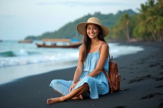Jeune femme souriante sur la plage de Bali avec sable noir et bateaux
