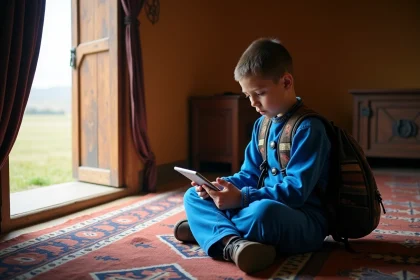 Garçon mongol en deel bleu avec tablette dans ger