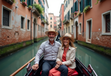 Gondolier vénitien avec couple en balade en gondole