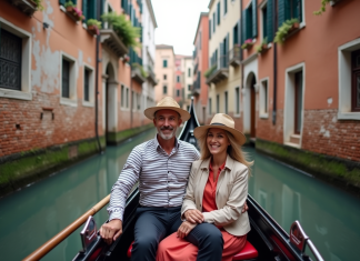 Durée de la balade en gondole vénitienne : tout ce qu’il faut savoir Gondolier vénitien avec couple en balade en gondole