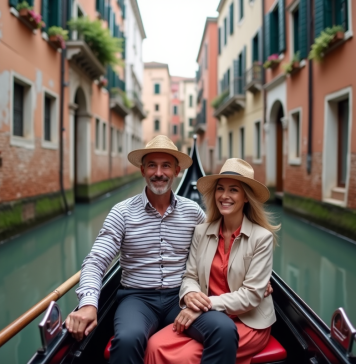Gondolier vénitien avec couple en balade en gondole