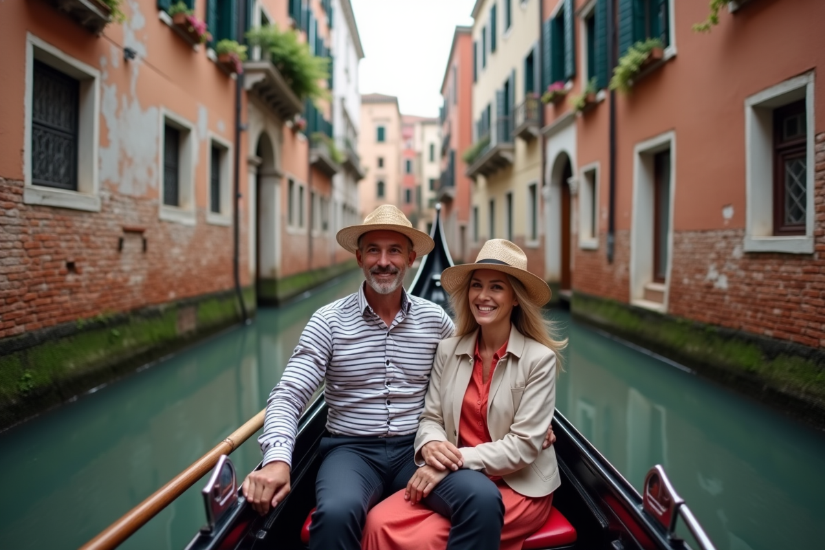 Gondolier vénitien avec couple en balade en gondole