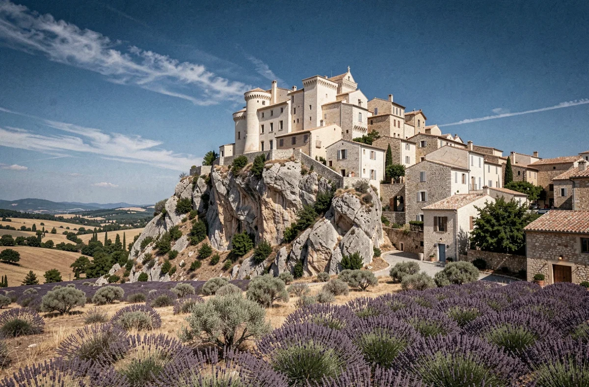 Village de Gordes perché sur son éperon rocheux dans le Luberon avec son château Renaissance dominant la vallée