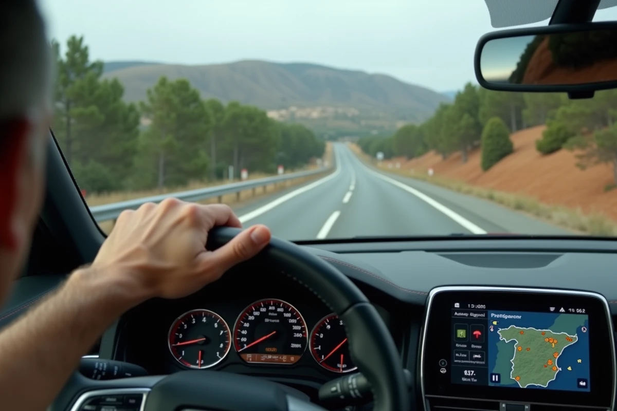 Conducteur utilisant un GPS en voiture sur une autoroute gratuite en Espagne pour distinguer les routes payantes