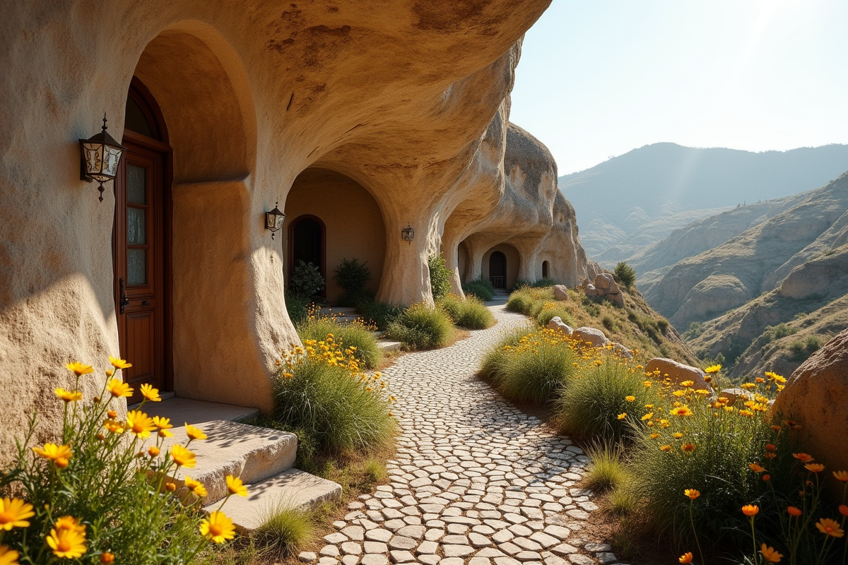 Ancienne habitation troglodyte dans la roche avec chemin pavé et fleurs sauvages