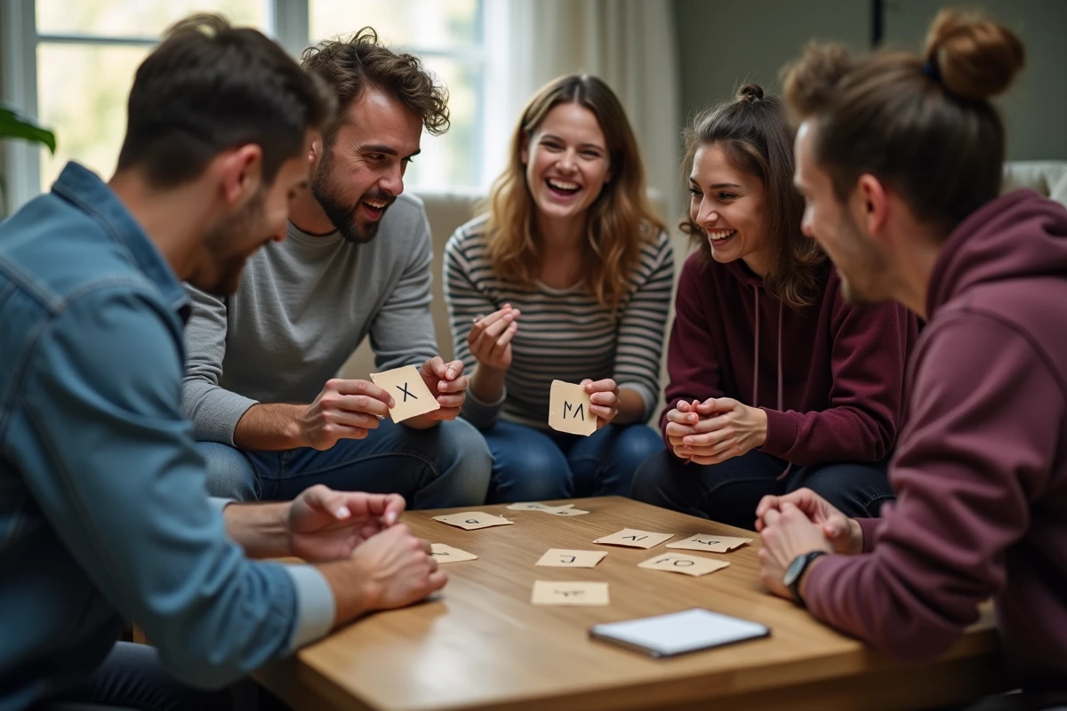 Groupe d'adultes jouant à un jeu de société autour d'une table basse avec des cartes lettres dans un salon convivial