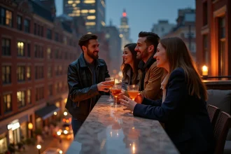 Groupe d'amis riant sur un rooftop à SoHo avec vue urbaine