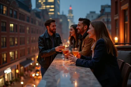 Groupe d'amis riant sur un rooftop à SoHo avec vue urbaine