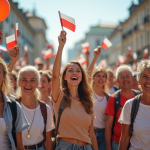 Groupe divers d'adultes souriants avec drapeaux du monde entier