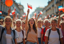 Groupe divers d'adultes souriants avec drapeaux du monde entier