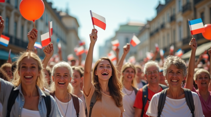 Groupe divers d'adultes souriants avec drapeaux du monde entier