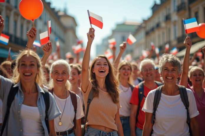 Groupe divers d'adultes souriants avec drapeaux du monde entier