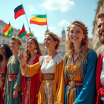 Groupe de personnes en vêtements traditionnels avec drapeaux lors d'une journée ensoleillée